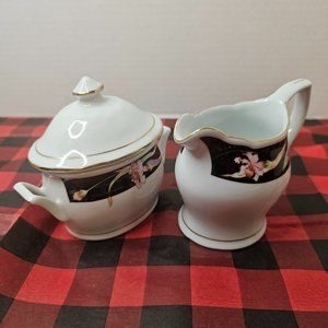 Remington Fine China Creamer and Sugar with Lid White Black Gold Trim